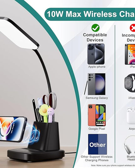 Cotanic LED Desk Lamps for Home Office with Wireless Charger, Stepless Dimmable, 3 Color Modes, Black Study Lamp for College Dorm Room, Touch Control, Pen Holder, CRI 90, 800 Lumen, Adapter Included - LeafyLoom