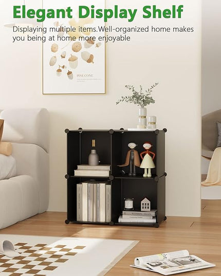 C&AHOME Cube Storage Organizer, 4-Cube Shelves Units, Closet Cabinet, DIY Plastic Modular Book Shelf, Ideal for Bedroom, Living Room, Office, 24.8" L x 12.4" W x 24.8" H Black SHS04A - LeafyLoom