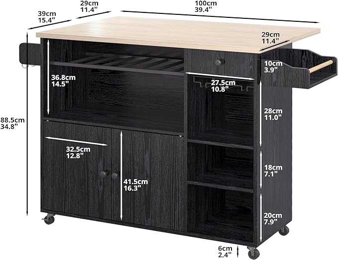 IRONCK Rolling Kitchen Island Cart with Drop-Leaf and Wine Rack, Microwave Rack Serving Cart on Wheels with Drawer & Shelves & Spice Rack & Cup Hanging, Black - LeafyLoom