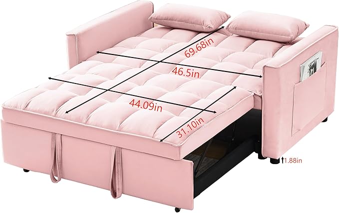 55" 3 in 1 Convertible Loveseat Futon Sofa Couch of Mordern Velvet w/Pullout Bed, Small Love Seat Lounge Sleeper w/Reclining Backrest, Toss Pillows, Pockets, Furniture for Living Room Bed - LeafyLoom