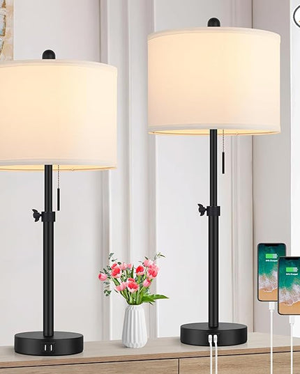 Table Lamp for Bedroom Set of 2, 23" to 30" Height Adjustable Bedside Lamp with 2 USB Ports, Black Nightstand Lamp with White Shade, Modern Pull Chain Table Lamp for Living Room End Table - LeafyLoom