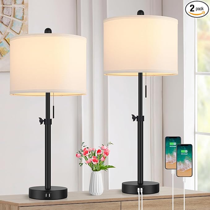 Table Lamp for Bedroom Set of 2, 23" to 30" Height Adjustable Bedside Lamp with 2 USB Ports, Black Nightstand Lamp with White Shade, Modern Pull Chain Table Lamp for Living Room End Table - LeafyLoom