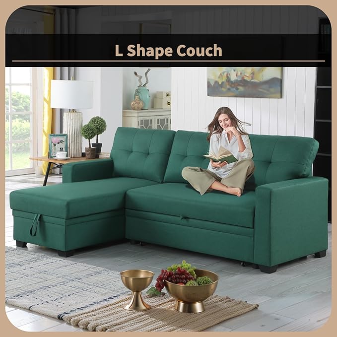 4-in-1 Modular Sofa Bed Pull Out Convertible Living Room Furniture Sets Upholstered, L Shaped Sectional Comfy Couch with Reversible Storage Chaise for Apartment, Studio, Office - Green - LeafyLoom