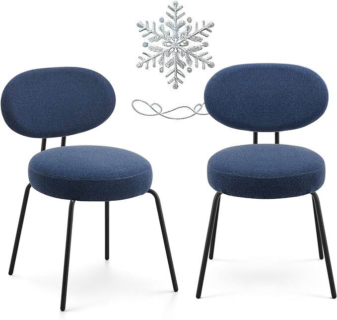 COLAMY Modern Fabric Dining Chairs Set of 2, Mid Centry Upholstered Dining Room Kitchen Chairs with Curved Backrest, Black Metal Legs, Round Seat, Blue - LeafyLoom