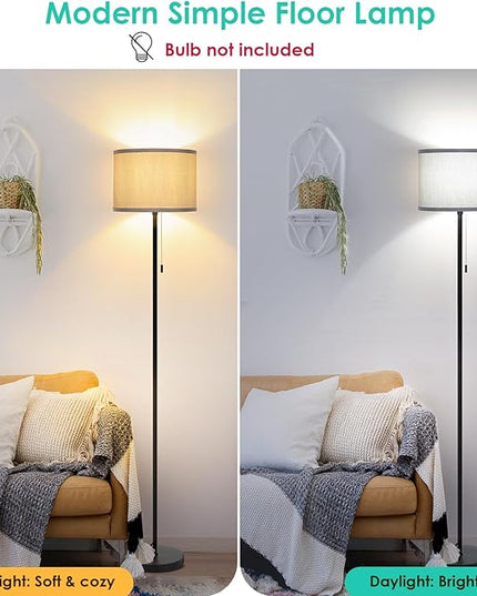 FOLKSMATE Floor Lamp for Living Room, Modern LED Simple Standing Lamps, Minimalist Tall Lamp for Bedroom, Living Room, Office, Kids Room, Reading Light, Black Pole Lamp with Grey Shade, without Bulb - LeafyLoom