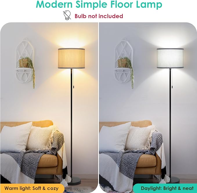 FOLKSMATE Floor Lamp for Living Room, Modern LED Simple Standing Lamps, Minimalist Tall Lamp for Bedroom, Living Room, Office, Kids Room, Reading Light, Black Pole Lamp with Grey Shade, without Bulb - LeafyLoom
