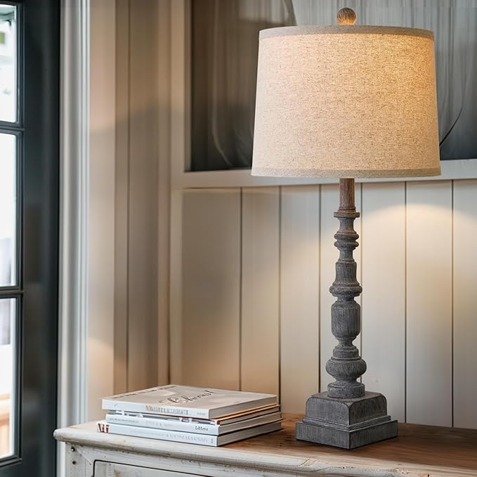 Oneach 27.75" Single Table Lamp for Living Room, Farmhouse Bedside Lamps with Dual USB Port for Bedroom Kids Room Dorm Office, Rustic Lamps for End Table Nigntstand Resin… - LeafyLoom