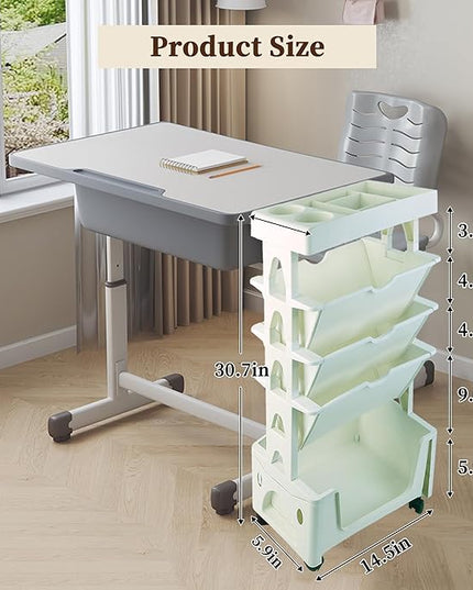 5 Tier Book Rack Storage Bookshelf, Removable Movable Unique Bookcase, Mobile Bookshelf with Wheels Utility Organizer Bookshelves for Kids Children Students Study in Bedroom Living Room School (Green) - LeafyLoom