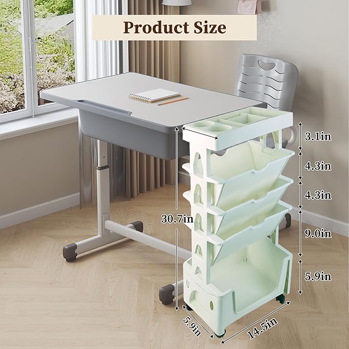 5 Tier Book Rack Storage Bookshelf, Removable Movable Unique Bookcase, Mobile Bookshelf with Wheels Utility Organizer Bookshelves for Kids Children Students Study in Bedroom Living Room School (Green) - LeafyLoom