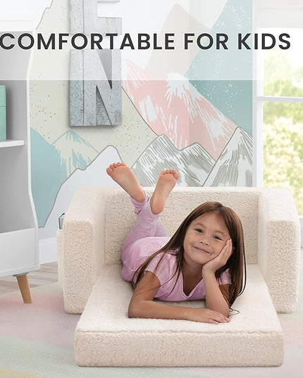 Delta Children Cozee Flip-Out Sherpa 2-in-1 Convertible Chair to Lounger for Kids, Cream - LeafyLoom