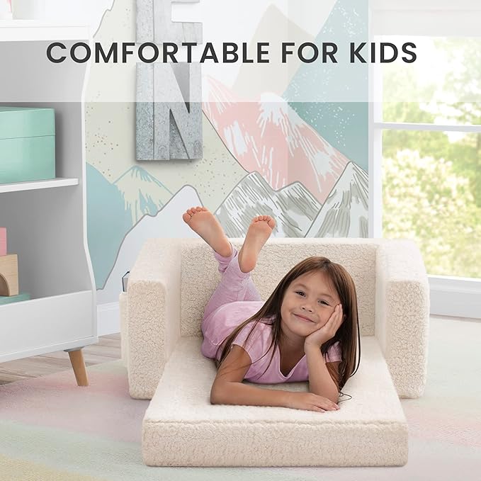 Delta Children Cozee Flip-Out Sherpa 2-in-1 Convertible Chair to Lounger for Kids, Cream - LeafyLoom