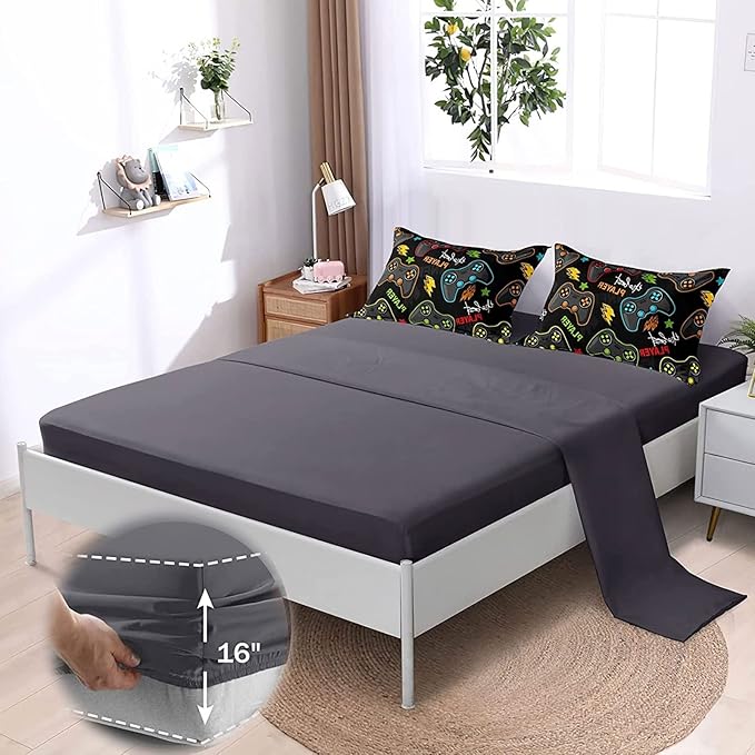 Kids Gaming Bedding Sets, 6 Piece Gamer Comforter Sets for Teens Boys Full Size for Bedroom Comforter Set Adult 3D Gamepad Microfiber Bedding Sets Fits All Season (Full Comforters Set) - LeafyLoom
