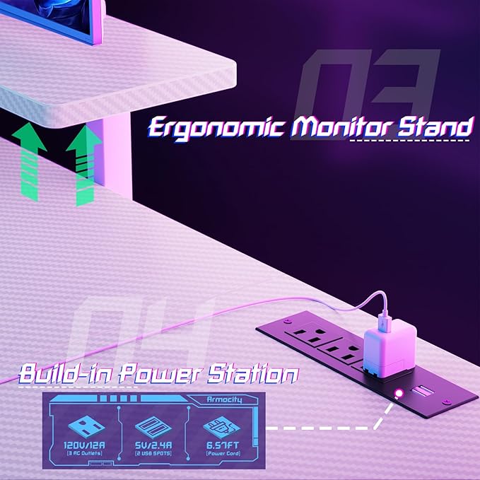 armocity L Shaped Gaming Desk with LED Lights and Outlets, White PC Gaming Desk with Monitor Stand and Shelves, Reversible Gaming Computer Desk with Keyboard Tray & Z-Shape Legs, 47" - LeafyLoom