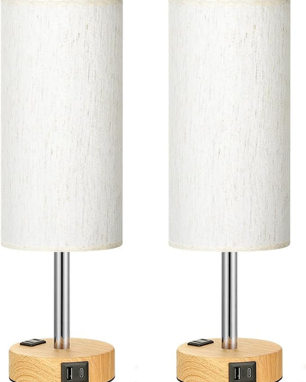 Small Touch Table Lamps Set of 2-3-Way Dimmable, USB A + C Charging, AC Outlet, Wood Grain Base, Bulbs Included - LeafyLoom