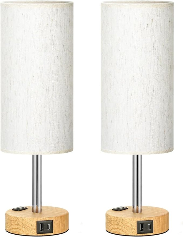 Small Touch Table Lamps Set of 2-3-Way Dimmable, USB A + C Charging, AC Outlet, Wood Grain Base, Bulbs Included - LeafyLoom