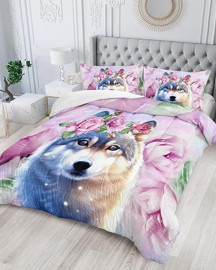 Wolf Comforter Set Tie Dye Wolf Bedding Set for Kids Teens Room Decor Romantic Pink Rose Wild Animals Comforter with 2 Pillowcases - LeafyLoom