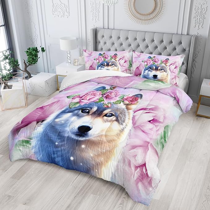 Wolf Comforter Set Tie Dye Wolf Bedding Set for Kids Teens Room Decor Romantic Pink Rose Wild Animals Comforter with 2 Pillowcases - LeafyLoom