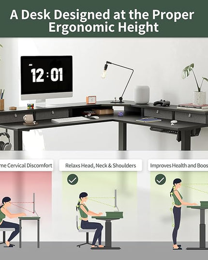 FEZIBO 63" L Shaped Standing Desk with 4 Drawers, Electric Standing Gaming Desk Adjustable Height, Corner Stand up Desk with Splice Board, Black Frame/Black Top - LeafyLoom