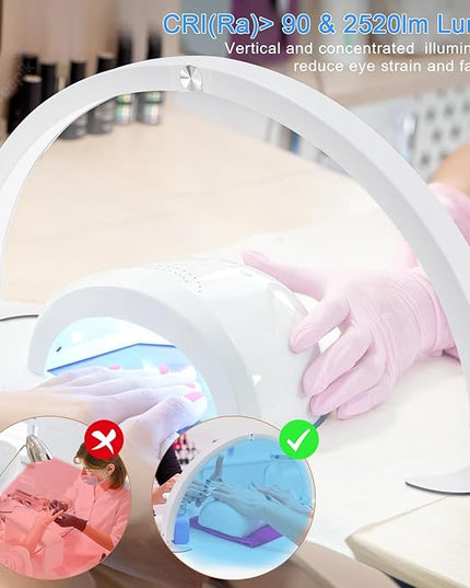 Half Moon Light for Desk, 28.7" Foldable Arch LED Nail Tech Lamp with 7 Color Modes, 10-Level Brightness for Professional Manicure Salon, Tattoo, Eyelash Extensions, Reading- White - LeafyLoom
