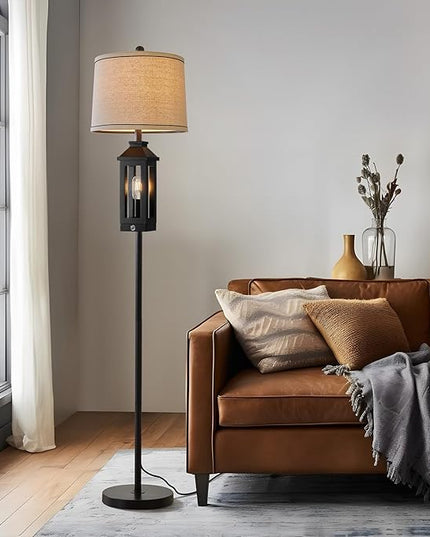 63" Floor Lamps for Living Room Bedside Nightstand Lamp All Black Tall Standing Lamp for Home Decor Bedroom Reading Lamp Farmhouse Rustic Bed Lights with 2 Light Sources (2 Bulbs) - LeafyLoom