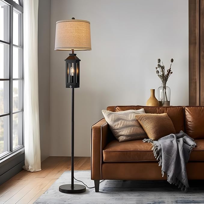 63" Floor Lamps for Living Room Bedside Nightstand Lamp All Black Tall Standing Lamp for Home Decor Bedroom Reading Lamp Farmhouse Rustic Bed Lights with 2 Light Sources (2 Bulbs) - LeafyLoom