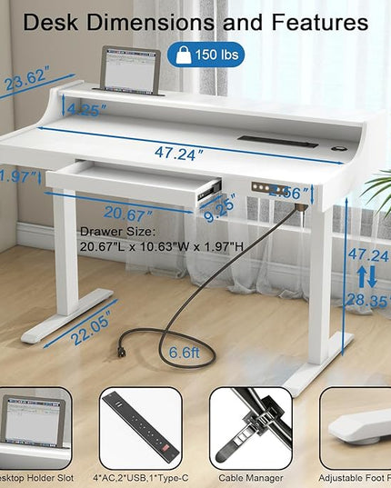 Vabches Standing Desk with Drawer, Stand Up Electric Standing Desk, Height Adjustable Stand Home Office Desk with LED Lights & Charging Station, Quick Install Ergonomic Rising Desk, White - LeafyLoom