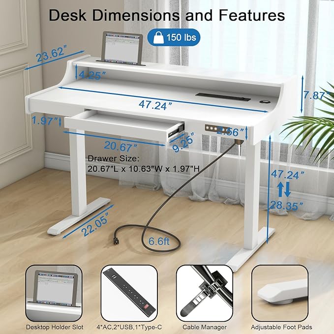 Vabches Standing Desk with Drawer, Stand Up Electric Standing Desk, Height Adjustable Stand Home Office Desk with LED Lights & Charging Station, Quick Install Ergonomic Rising Desk, White - LeafyLoom