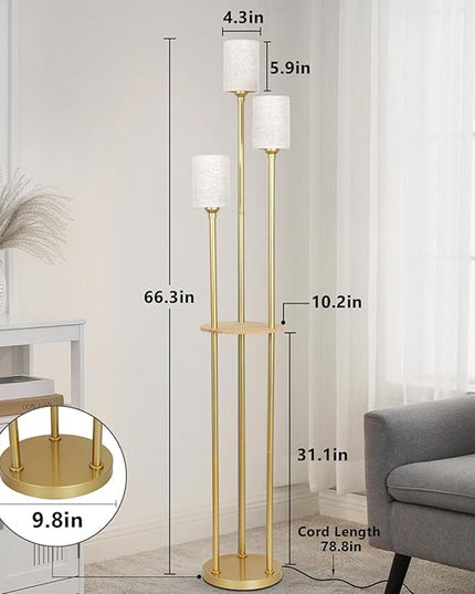 Floor Lamps for Living Room, 3-Lights Modern Floor Lamp with Shelves, Gold Standing Lamp with Fabric Shade and Foot Switch, Shelf Standing Lamps with Table, Tall Table Lamps for Bedroom Office - LeafyLoom