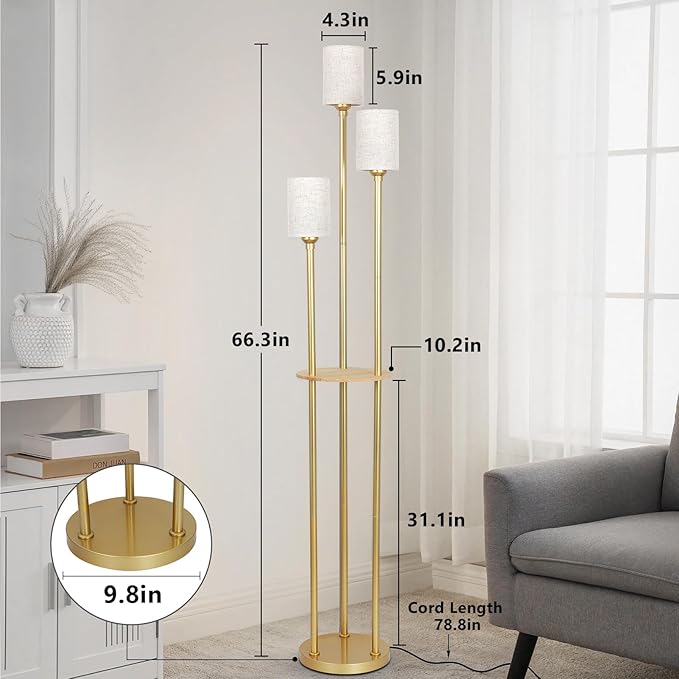 Floor Lamps for Living Room, 3-Lights Modern Floor Lamp with Shelves, Gold Standing Lamp with Fabric Shade and Foot Switch, Shelf Standing Lamps with Table, Tall Table Lamps for Bedroom Office - LeafyLoom