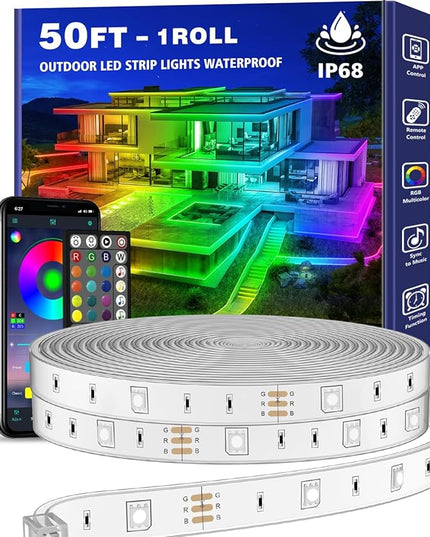 50ft Outdoor LED Strip Lights Waterproof,IP68 Outside Led Light Strips Waterproof with App and Remote,Music Sync RGB Exterior Led Rope Lights with Self Adhesive Back for Deck,Balcony,Pool LETIANPAI