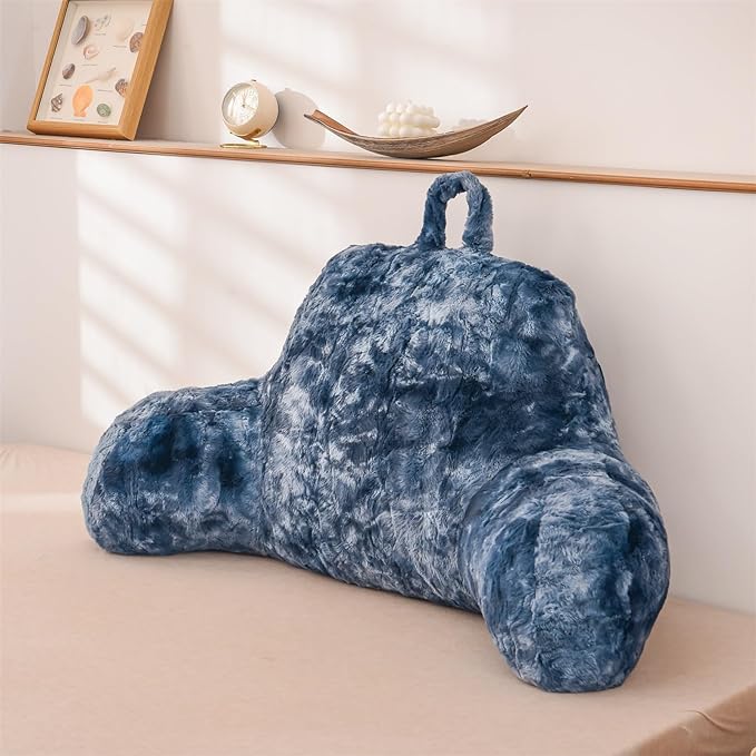 A Nice Night Faux Fur Soft Reading Pillow Bed Wedge Adult Backrest with Arms Back Support for Sitting Up in Bed/Couch for Bedrest,Tie Dyed Navy,Large - LeafyLoom