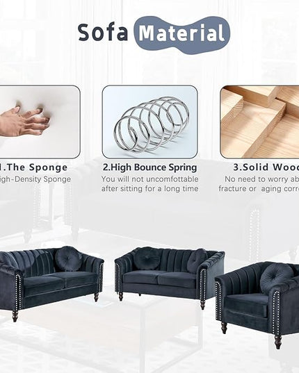 Velvet Modern Living Room Couch 3 Piece with Scroll Arms and Nailhead, includes 2 Love-seat Chair & Armchair, Sofa and Loveseat Set Black - LeafyLoom