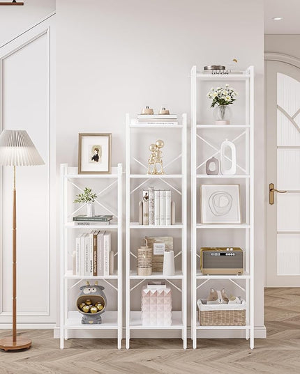 Bookshelf, Book Shelf, Industrial Bookcase with 2 Hooks, Coner Shelf Storage Organizer for Home Office, Living Room, Bedroom, Kitchen, 4-Tier White BC10413W - LeafyLoom