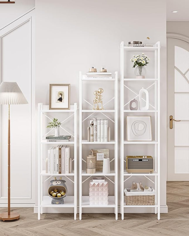 Bookshelf, Book Shelf, Industrial Bookcase with 2 Hooks, Coner Shelf Storage Organizer for Home Office, Living Room, Bedroom, Kitchen, 4-Tier White BC10413W - LeafyLoom