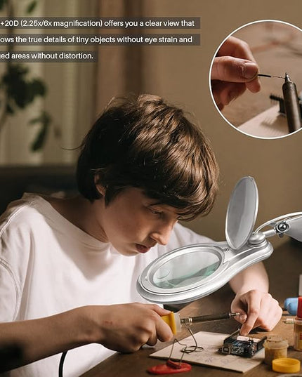 Bifocals LED Magnifying Lamp with Clamp, 5 Diopter with 20 Diopter, 5 Inch Magnifier Glass Lens, 1200 Lumens Dimmable Magnifier Lamp for Desk Craft Hobby with 60PCS Bright LEDs - LeafyLoom