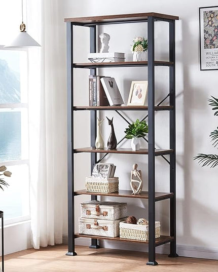 HOMBAZAAR Bookshelf, 6-Tier Vintage Industrial Book Shelf, Rustic Wood and Metal Bookcase and Bookshelves, Free Standing Storage Large Bookshelf for Living Room, Bedroom and Kitchen, Brown - LeafyLoom