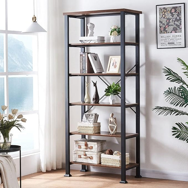 HOMBAZAAR Bookshelf, 6-Tier Vintage Industrial Book Shelf, Rustic Wood and Metal Bookcase and Bookshelves, Free Standing Storage Large Bookshelf for Living Room, Bedroom and Kitchen, Brown - LeafyLoom