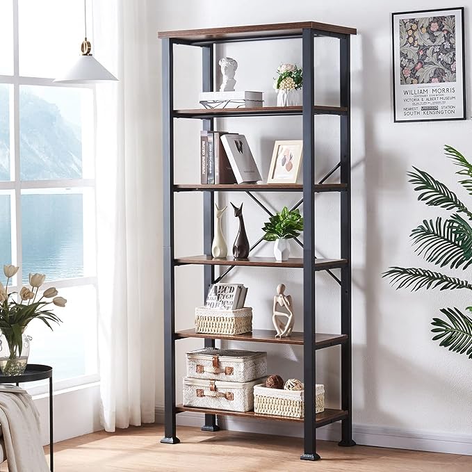HOMBAZAAR Bookshelf, 6-Tier Vintage Industrial Book Shelf, Rustic Wood and Metal Bookcase and Bookshelves, Free Standing Storage Large Bookshelf for Living Room, Bedroom and Kitchen, Brown - LeafyLoom