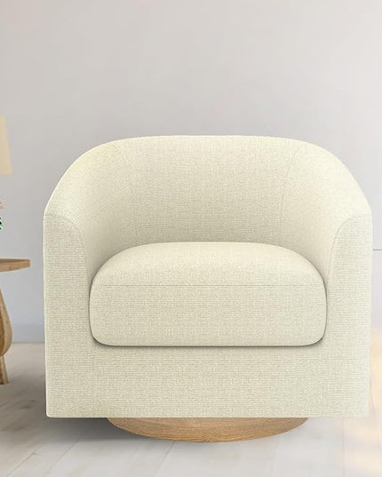 MUUEGM Accent Chair with Arms, 360 Degree Swivel Accent Chair with Wood Base, Modern Barrel Chair for Living Room, Bedroom, Waiting Room, Fully Assembled,Performance Fabric in Gesso White - LeafyLoom