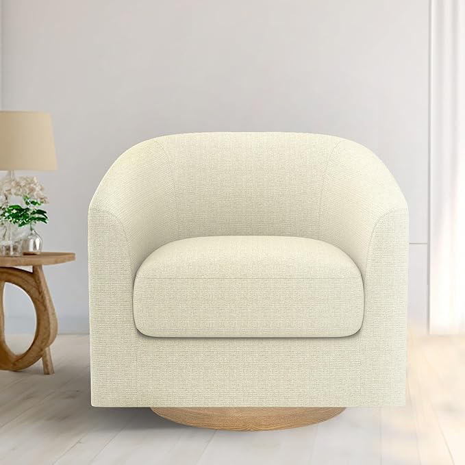 MUUEGM Accent Chair with Arms, 360 Degree Swivel Accent Chair with Wood Base, Modern Barrel Chair for Living Room, Bedroom, Waiting Room, Fully Assembled,Performance Fabric in Gesso White - LeafyLoom