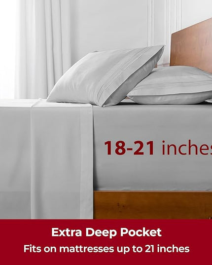 Mellanni Extra Deep Queen Sheets - 4 PC Iconic Collection Bedding Sheets & Pillowcases - Hotel Luxury, Ultra Soft, Cooling Bed Sheets - Extra Deep Pocket up to 21 inch (Queen, Light Gray) - LeafyLoom