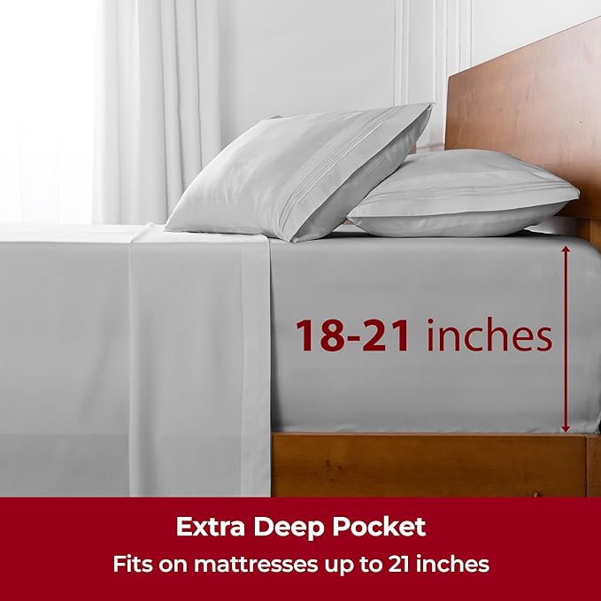 Mellanni Extra Deep California King Sheets - 4 PC Iconic Collection Bedding Sheets & Pillowcases - Hotel Luxury, Ultra Soft, Cooling Bed Sheets - Extra Deep Pocket up to 21 inch (Cal King, Light Gray) - LeafyLoom