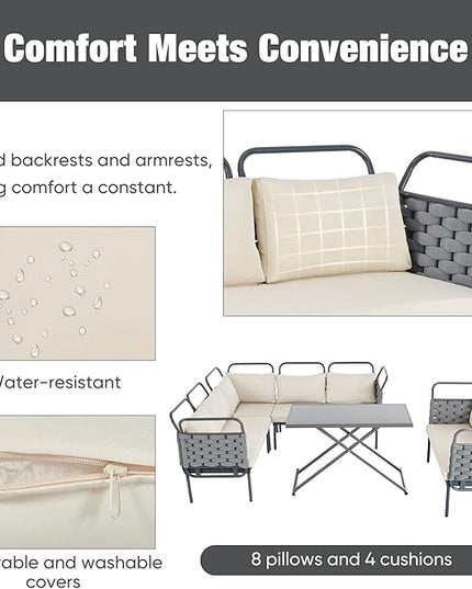 5-Piece Woven Rope Outdoor Patio Furniture Sets, L-shaped Conversation Sectional Sofa with Loveseat, Corner Couch, Glass Table and Removable Cushions, for Garden Backyard, Onesize, Gray+Beige - LeafyLoom