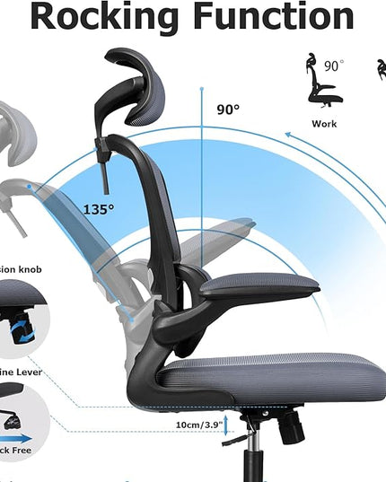 Ergonomic Office Chair, High Back Mesh Desk Chair with Lumbar Support and Adjustable Headrest, Computer Gaming Chair with Flip-up Armrests, Executive Swivel Chair for Home Office (DarkGray) - LeafyLoom