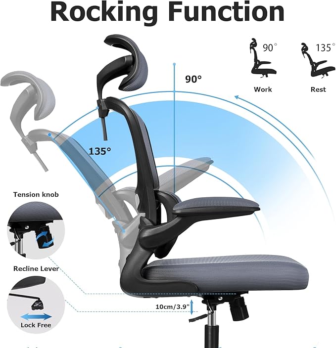 Ergonomic Office Chair, High Back Mesh Desk Chair with Lumbar Support and Adjustable Headrest, Computer Gaming Chair with Flip-up Armrests, Executive Swivel Chair for Home Office (DarkGray) - LeafyLoom