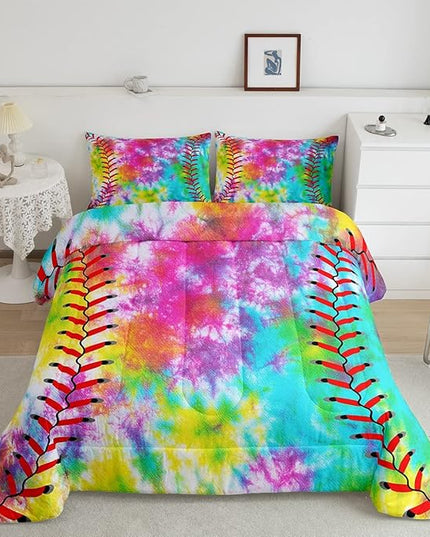 Feelyou Kids Baseball Comforter Boys Girls Softball Sports Game Comforter Set Girly Colorful Tie Dye Bedding Set Teens Men Baseball Gaming Quilt Set Rainbow Room Decor King Size for All Season 3Pcs - LeafyLoom