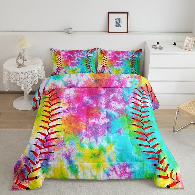 Feelyou Kids Baseball Comforter Boys Girls Softball Sports Game Comforter Set Girly Colorful Tie Dye Bedding Set Teens Men Baseball Gaming Quilt Set Rainbow Room Decor King Size for All Season 3Pcs - LeafyLoom