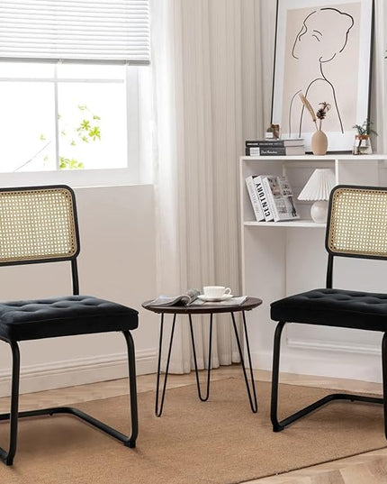 COLAMY Mid Century Modern Dining Chairs Set of 2, Velvet Rattan Dining Room Kitchen Side Chairs with Upholstered Seat and Metal Chrome Legs for Home, Living Room, Bedroom - Black - LeafyLoom