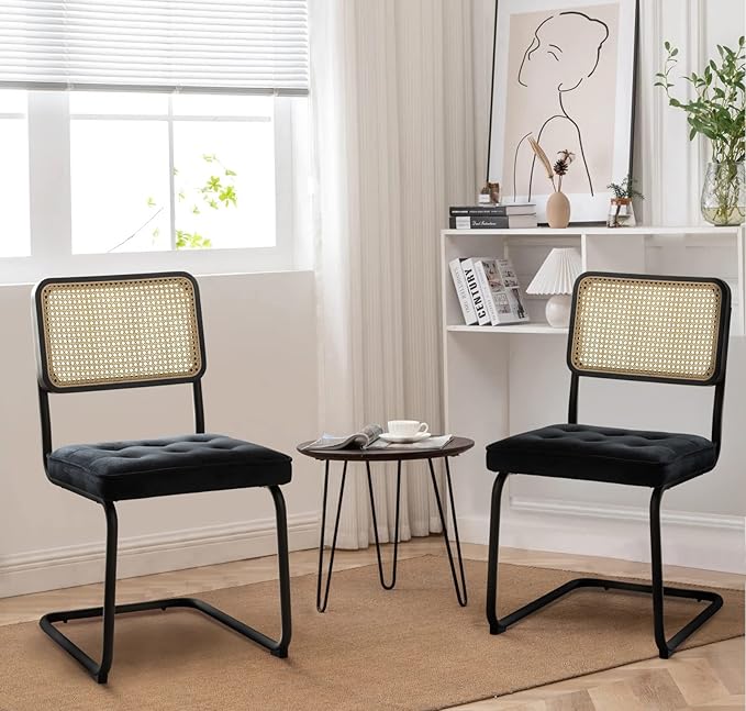 COLAMY Mid Century Modern Dining Chairs Set of 2, Velvet Rattan Dining Room Kitchen Side Chairs with Upholstered Seat and Metal Chrome Legs for Home, Living Room, Bedroom - Black - LeafyLoom