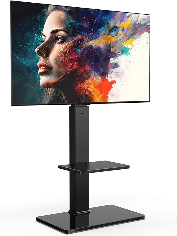 FITUEYES Swivel Floor TV Stand with Mount for TVs 37 43 50 55 60 65 70 75 Inch LCD LED Flat/Curved Screens Universal Swivel Televisions TV Mount Stand for Bedroom Living Room Black Tempered Glass Base - LeafyLoom